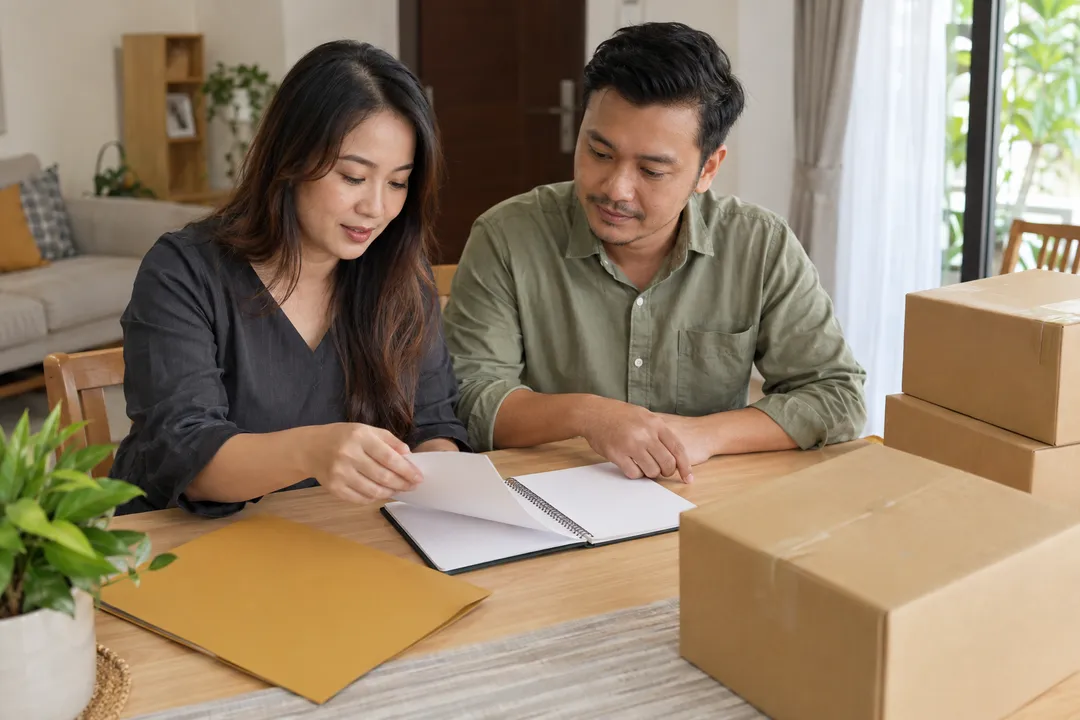 Ilustrasi dua pelanggan menyemak buku nota kosong dengan fail oker dan kotak tertutup di rumah.